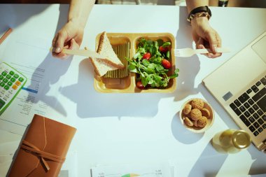 Sürdürülebilir iş yeri. Yeşil ofiste dizüstü bilgisayarla salata yiyen kadın çalışanın üst görüntüsü.