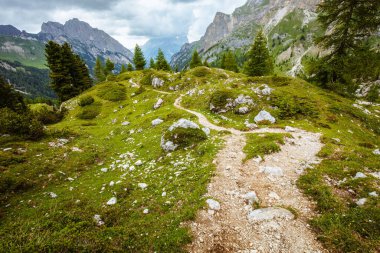 Dolomitlerde yaz zamanı. Dağlarla, tepelerle, bulutlarla, kayalarla, ağaçlarla ve patikalarla dolu manzara.