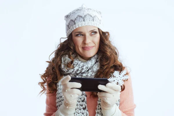 Hello Winter Pensive Modern Years Old Woman Sweater Mittens Hat — Stock Photo, Image