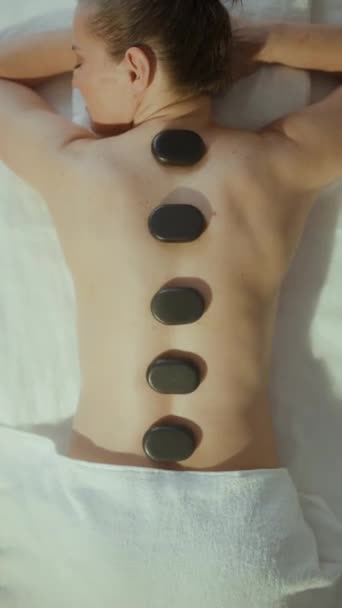Healthcare Time Relaxed Modern Woman Massage Cabinet Having Hot Stone — Stock Video