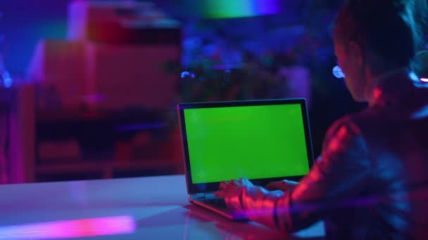Widziana Tyłu Nowoczesnej Kobiety Laptopem Pusty Ekran Nowoczesnym Biurze — Wideo stockowe