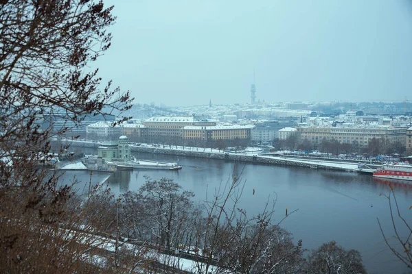 Landskap Vintern Prag Tjeckien Med Floden Vltava Och Stvanice Prague — Stockfoto