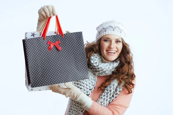 Hola Invierno Mujer Mediana Edad Feliz Moda Suéter Mitones Sombrero — Foto de Stock
