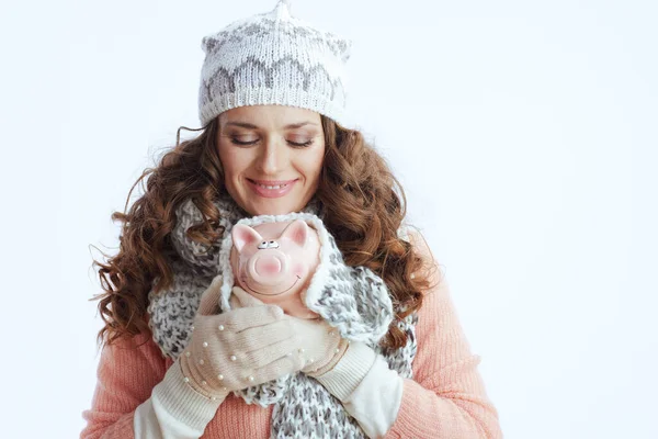 Hello Winter Smiling Trendy Female Sweater Mittens Hat Scarf Piggy — Stock Photo, Image
