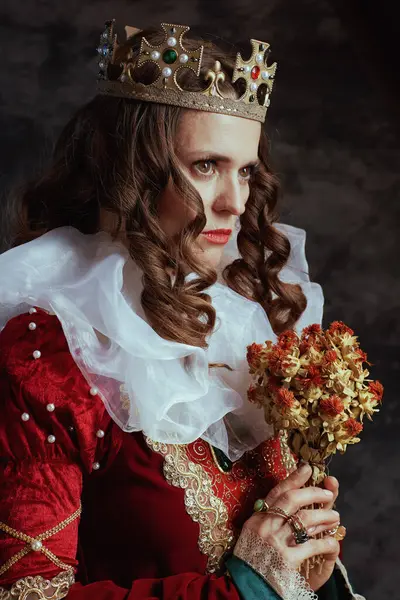 Smutna Średniowieczna Królowa Czerwonej Sukience Suszonym Kwiatem Białym Kołnierzem Koroną — Zdjęcie stockowe