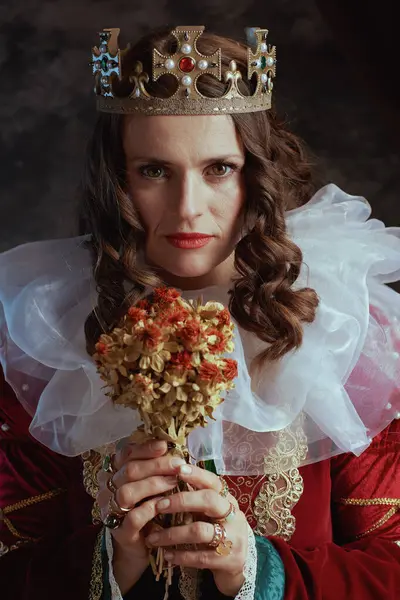 Średniowieczna Królowa Czerwonej Sukience Suszonym Kwiatem Białym Kołnierzem Koroną Ciemnoszarym — Zdjęcie stockowe