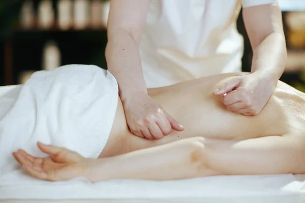 Healthcare time. Closeup on massage therapist in spa salon massaging client.