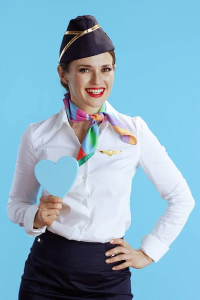 Smiling Stylish Stewardess Woman Blue Background Uniform Heart — Stock Photo, Image