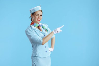 Mavi arka planda mavi üniformalı, gülümseyen şık hostes kadın bir şeyi işaret ediyor..
