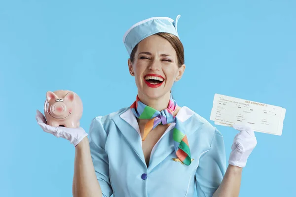 Happy Modern Female Stewardess Blue Background Blue Uniform Flight Tickets — Stock Photo, Image