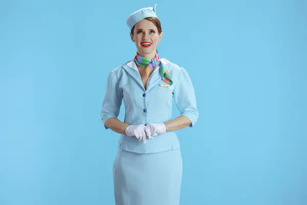 Happy Elegant Stewardess Woman Isolated Blue Background Blue Uniform — Stock Photo, Image
