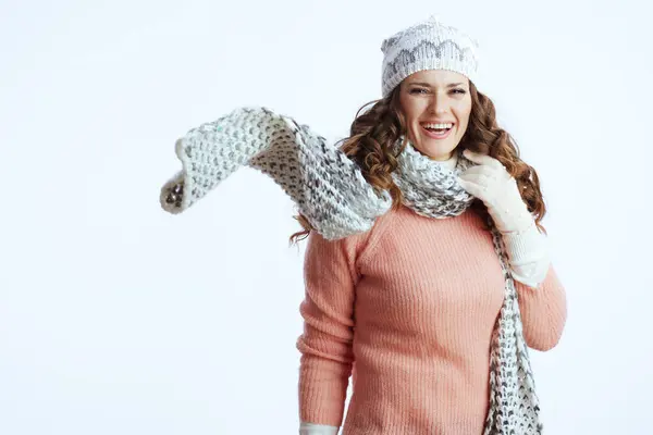 Hello Winter Smiling Modern Woman Sweater Mittens Hat Scarf Isolated — Stock Photo, Image