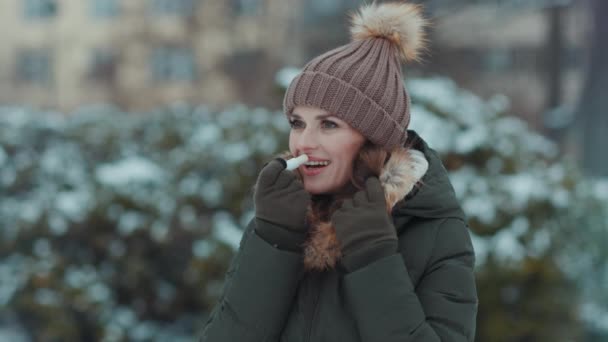 코트와 야외에서 겨울에 립스틱과 모자와 공원에서 — 비디오