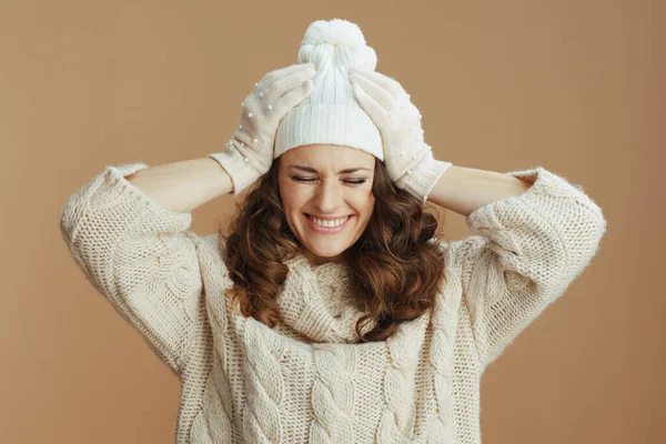 Hello Winter Happy Stylish Female Beige Sweater Mittens Hat Isolated — Stockfoto