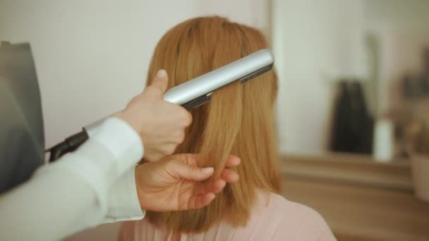 Modern Güzellik Salonunda Kadın Kuaförden Saç Düzleştiricisi Müşterisiyle Görülmüş — Stok video