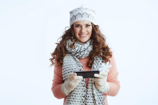 Hello Winter Smiling Modern Years Old Woman Sweater Mittens Hat — Stock Photo, Image