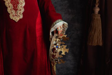 Ortaçağ kraliçesine yakın plan. Kırmızı elbiseli, tacı koyu gri arka planda..