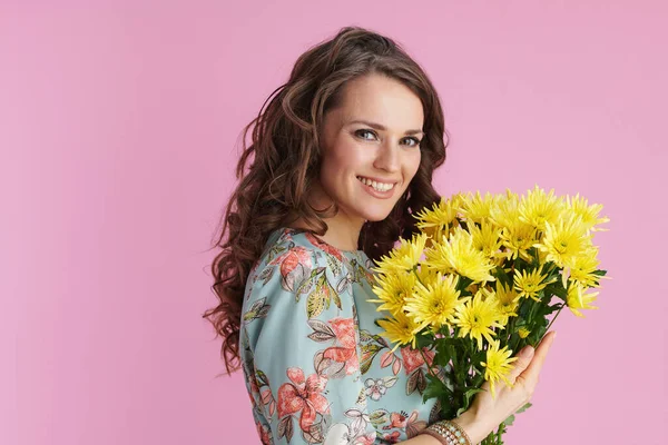 Portrait Smiling Young Woman Floral Dress Yellow Chrysanthemums Flowers Isolated — Stock Photo, Image
