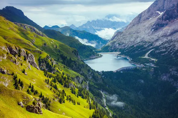 Summer Time Dolomites Landscape Mountains Hills Fedaia Lake Clouds Rocks — Stock Photo, Image
