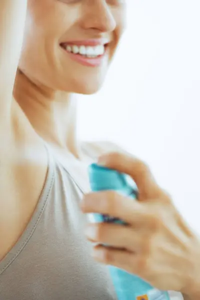 Closeup Young Woman Applying Deodorant Underarm — Stock Photo, Image