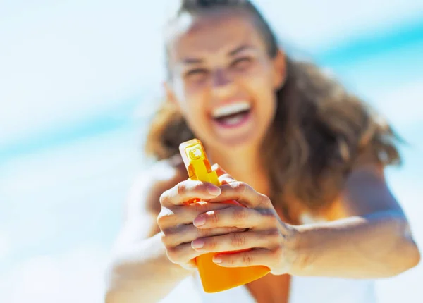Closeup Young Woman Pointing Bottle Sun Block Creme Camera — Stock Photo, Image