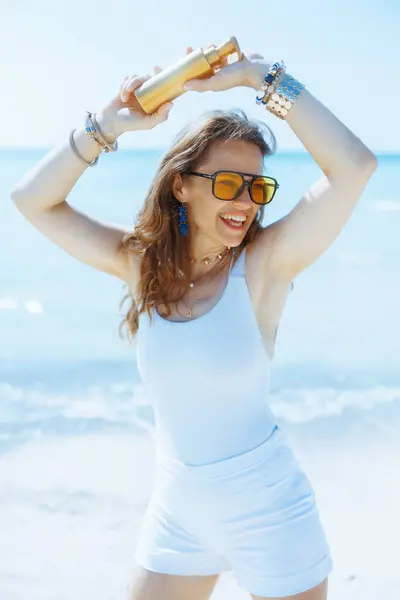 Happy Modern Middle Aged Woman Ocean Shore Spf — Stock Photo, Image