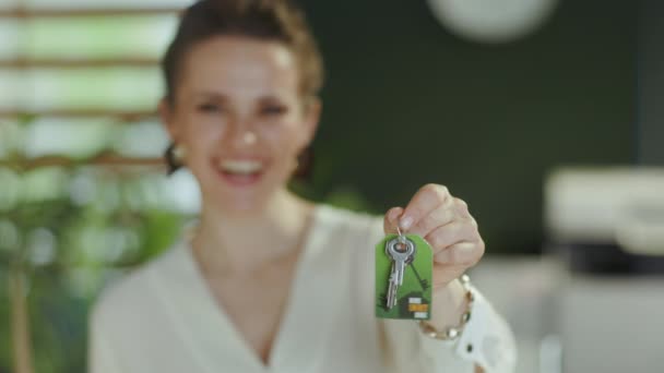 Negocio Inmobiliario Sostenible Sonriente Elegante Años Edad Mujer Negocios Moderna — Vídeos de Stock