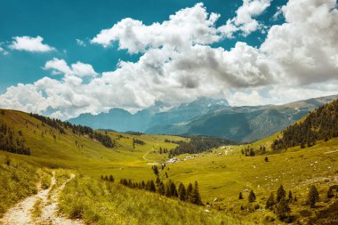 Dolomitlerde yaz zamanı. Dağlı, tepeli, bulutlu, ağaçlı ve patikalı manzara.