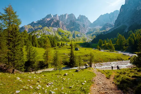 Heure Été Dans Les Dolomites Paysage Avec Montagnes Rochers Arbres — Photo
