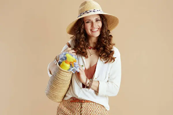 Beach Vacation Smiling Elegant Housewife White Blouse Shorts Isolated Beige — Stock Photo, Image