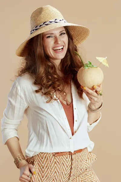 Beach Vacation Smiling Stylish Woman White Blouse Shorts Isolated Beige — Stock Photo, Image