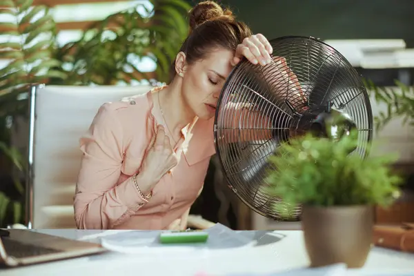 Sustainable Workplace Modern Years Old Business Woman Work Electric Fan Royalty Free Stock Photos