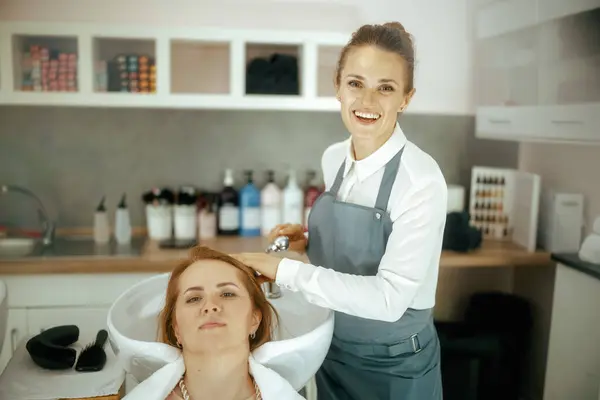 Vrouwelijke Kapper Moderne Beauty Studio Met Klant Wassen Haar Rechtenvrije Stockfoto's