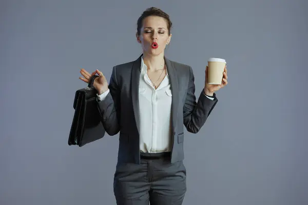 Stressed Elegant Years Old Woman Employee Grey Suit Coffee Cup Stock Image
