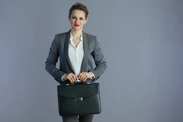 Smiling Stylish Years Old Woman Employee Gray Suit Briefcase Isolated Royalty Free Stock Images