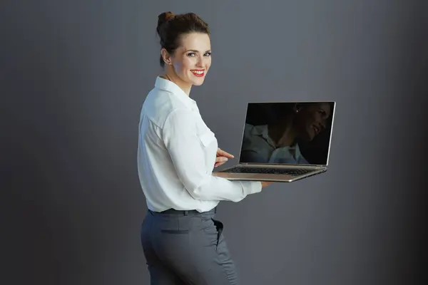 Smiling Stylish Business Woman White Blouse Laptop Isolated Grey Background Royalty Free Stock Images