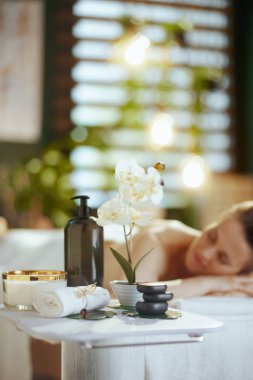 Sağlık hizmeti zamanı. Spa kompozisyonuna yakın çekim. Masaj masasında uzanmış, rahatlamış bir kadın..
