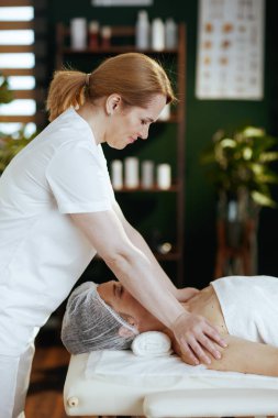 Sağlık hizmeti zamanı. Masaj dolabında masaj terapisti masaj masasında müşterilere masaj yapıyor..