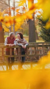 Merhaba sonbahar. Köprüdeki parkta gülümseyen romantik çift.