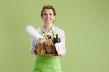 Bahar temizliği. Yeşil önlüklü mutlu 40 yıllık ev hanımı ve yeşil arka planda lastik eldiven ve bir sepet eko temizlik ürünleri..