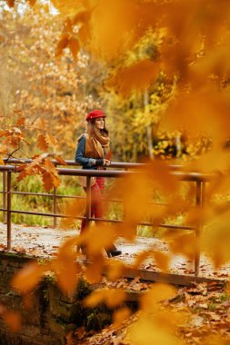 Merhaba sonbahar. Kot pantolonlu, kırmızı şapkalı, güz yaprağı ve eşarplı orta yaşlı bir kadının şehir parkında yürüyüşünün tam boy portresi..