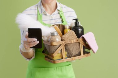 Bahar temizliği. Yeşil önlüklü modern kadın ve yeşil arka planda lastik eldivenli çevre temizleme ürünleri sepeti ve akıllı telefon..