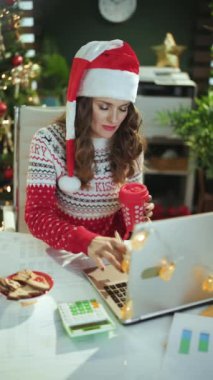 Noel zamanı. Mutlu, orta yaşlı, Noel Baba şapkalı, kırmızı kazaklı geleneksel kurabiyeli ve bilgisayarlı modern yeşil ofiste Noel ağacı olan orta yaşlı iş kadını..