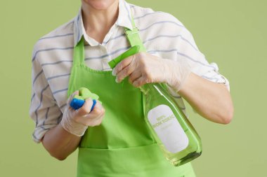 Bahar temizliği. Yeşil önlüklü ve lastik eldivenli modern orta yaşlı kadına yakın çekim. Yeşil şişe ekolojik temizlik ürünleri ve temizlik süngeri ile izole edilmiş..