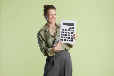 Yeşil bluzlu gülümseyen bir kadın elinde büyük bir hesap makinesi tutarken bir yığın Amerikan dolarını işaret ederek finansal planlama ve başarı öneriyor..