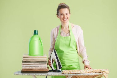 Pembe gömlekli ve yeşil önlüklü gülümseyen bir kadın ütü yapıyor. Deterjan şişesi ve giysi yığını tahtada duruyor. Yumuşak, ışık bile neşeli bir atmosfer yaratır..