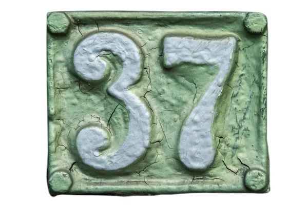 Old Retro Weathered Cast Iron Plate Number Closeup Isolated White — Stock Photo, Image