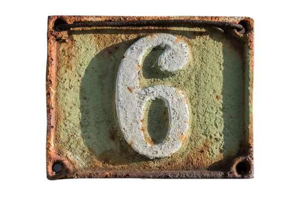 Old Retro Weathered Cast Iron Plate Number Closeup Isolated White — Stock Photo, Image