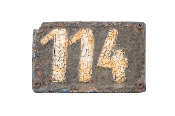 Velha Placa Ferro Fundido Retro Weathered Com Número 114 Close — Fotografia de Stock