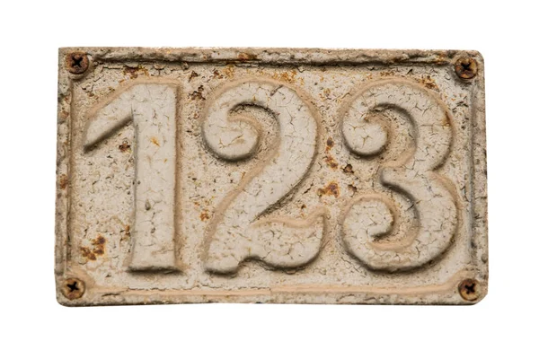 Old Retro Weathered Cast Iron Plate Number 123 Closeup Isolated — Stock Photo, Image